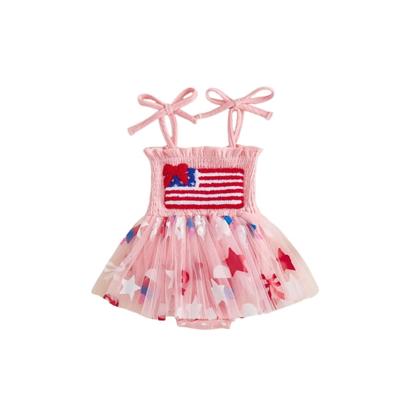 BemeyourBBs Toddler Baby Girls 4th of July Outfit Newborn Baby Girl Patriot Independence Day Romper Dress Summer Clothes USA Flag Embroidery Sleeveless Tie-up Smocked Dress Jumpsuit Bodysuit Playsuit