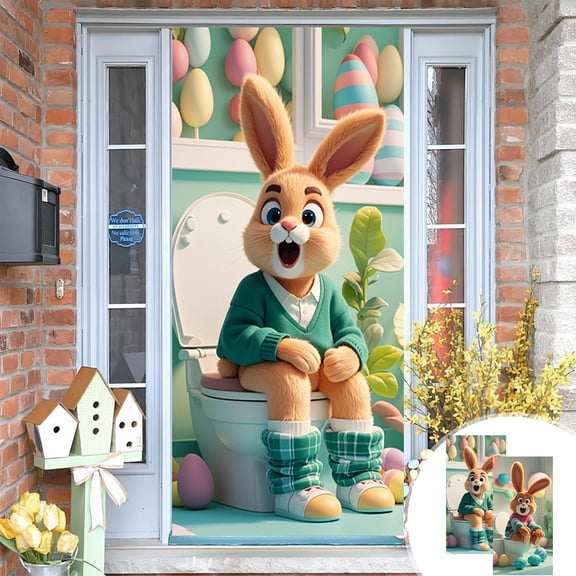 AZXY 35x71 Inch Funny Easter Bunny Door Cover, Bunny in Striped Sweater on Toilet Door Banner, Spring Bathroom Wall Hanging Decor for Easter Party