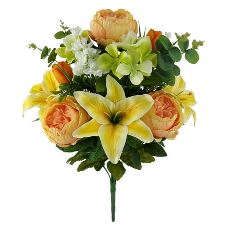 Mainstays 21in Indoor & Ourdoor Artificial Mixed Floral Lily & Cabbage Rose Bouquet, Yellow Color.