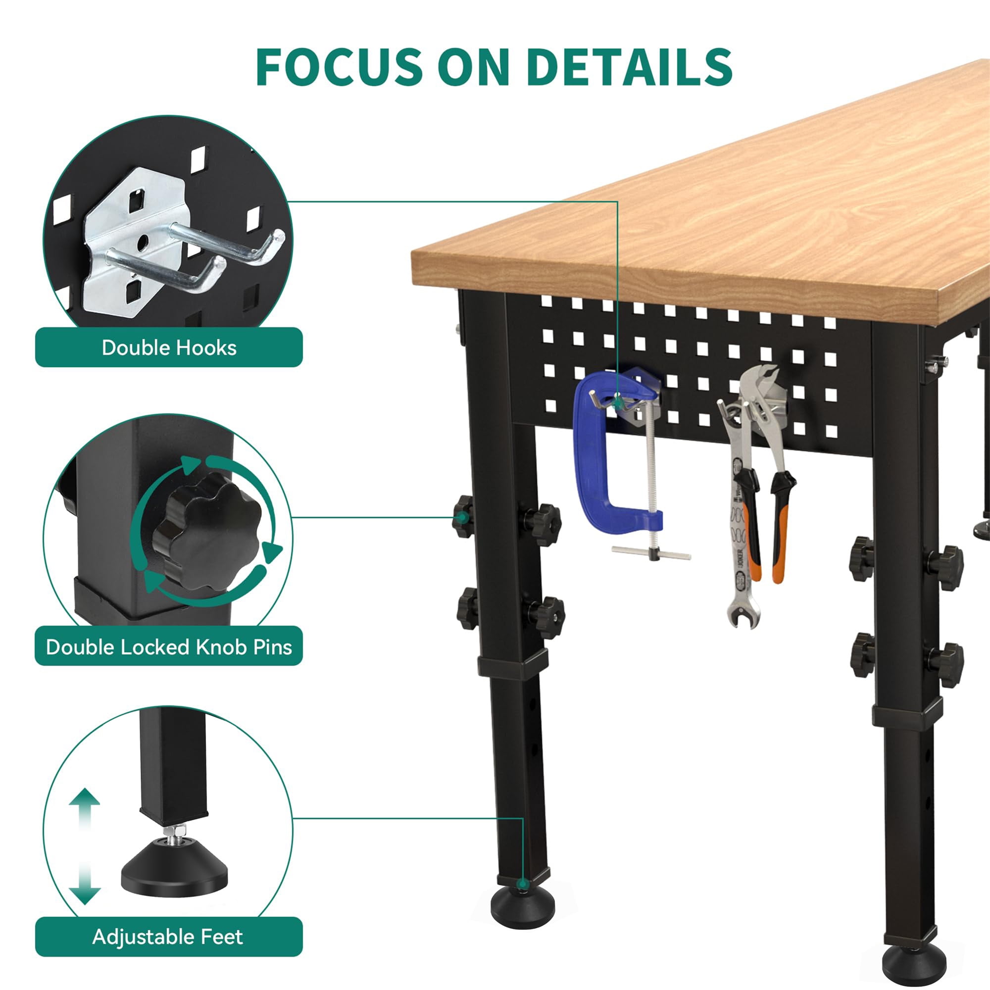 Aukfa Adjustable Workbench, 48" Heavy-Duty Worktable with USB&Power Outlets for Garage, Shop, Office