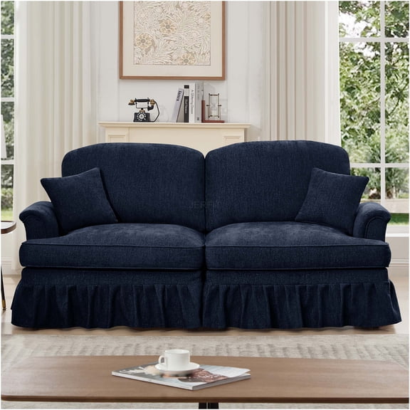 JERFIT Mid Century Chenille Sofa with Removable Skirt, Flared Arms and Spindle Legs for Living Room, Blue Two Seater Loveseat