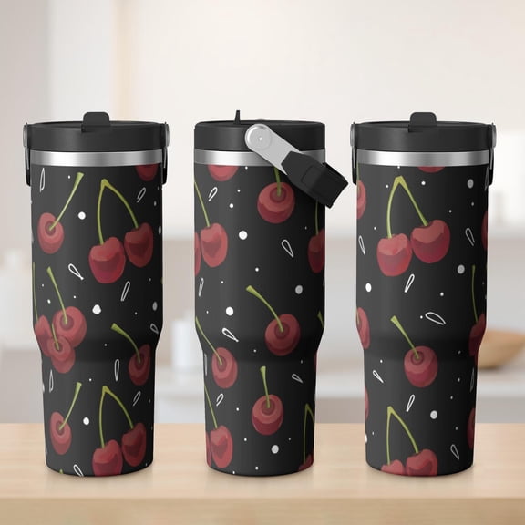 30oz Cherry Tumbler with Handle Insulated Stainless Tumbler ,Travel Home Office Coffee Cup Water Bottle,Mug Cup,Gifts for Women
