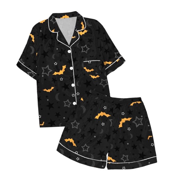 Tisuna Halloween Short Sleeve Pajamas Set For Kids Girls Bat Print Collared Tops And Shorts Pjs Set Loose Fit Casual Kids Halloween 2 Pieces Loungewear For Age 2-13 Years