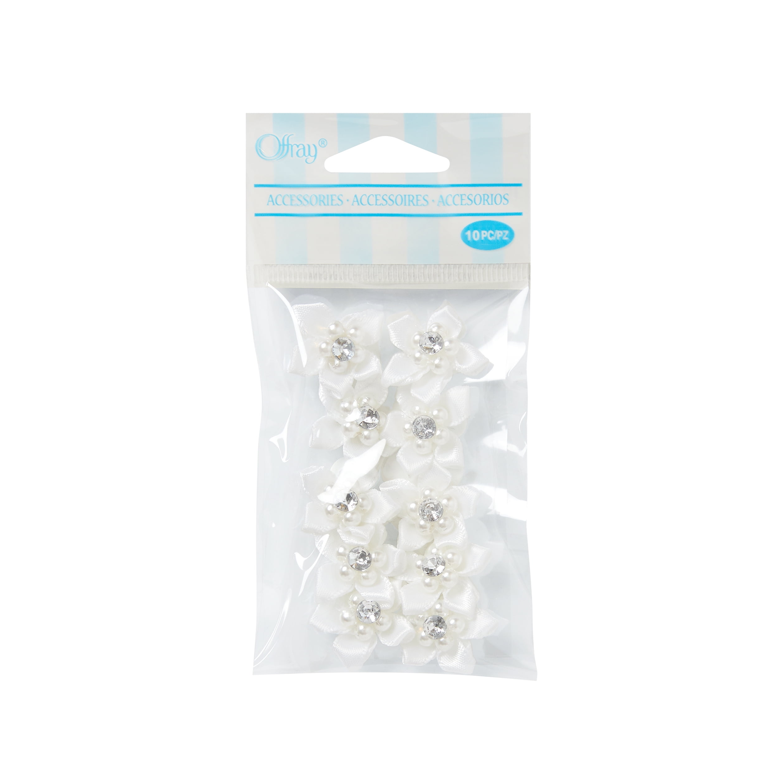 Offray Accessories, White 3/4 inch Value Pack 5 Petal Gem Flower Accessory for Wedding, Hair Clips, and Scrapbooking, 10 count, 1 Package
