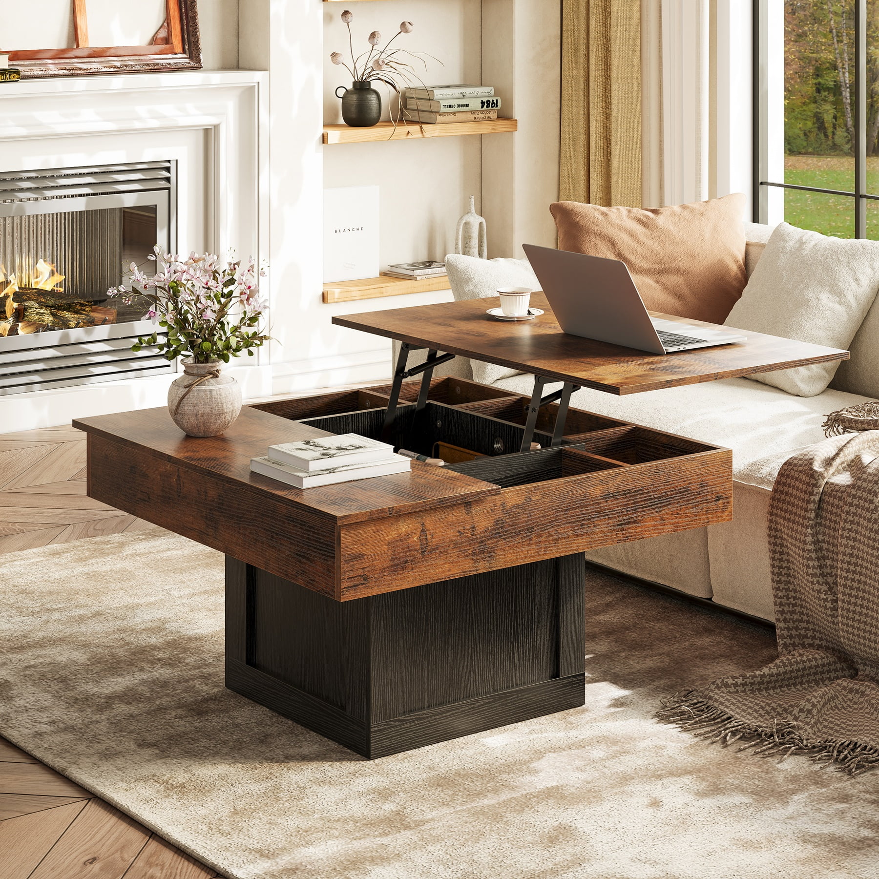GUNAITO Lift Top Coffee Table with LED Lights, Modern Farmhouse Center Table with Storage, 31.5''Hx31.5''Wx19''D, Brown