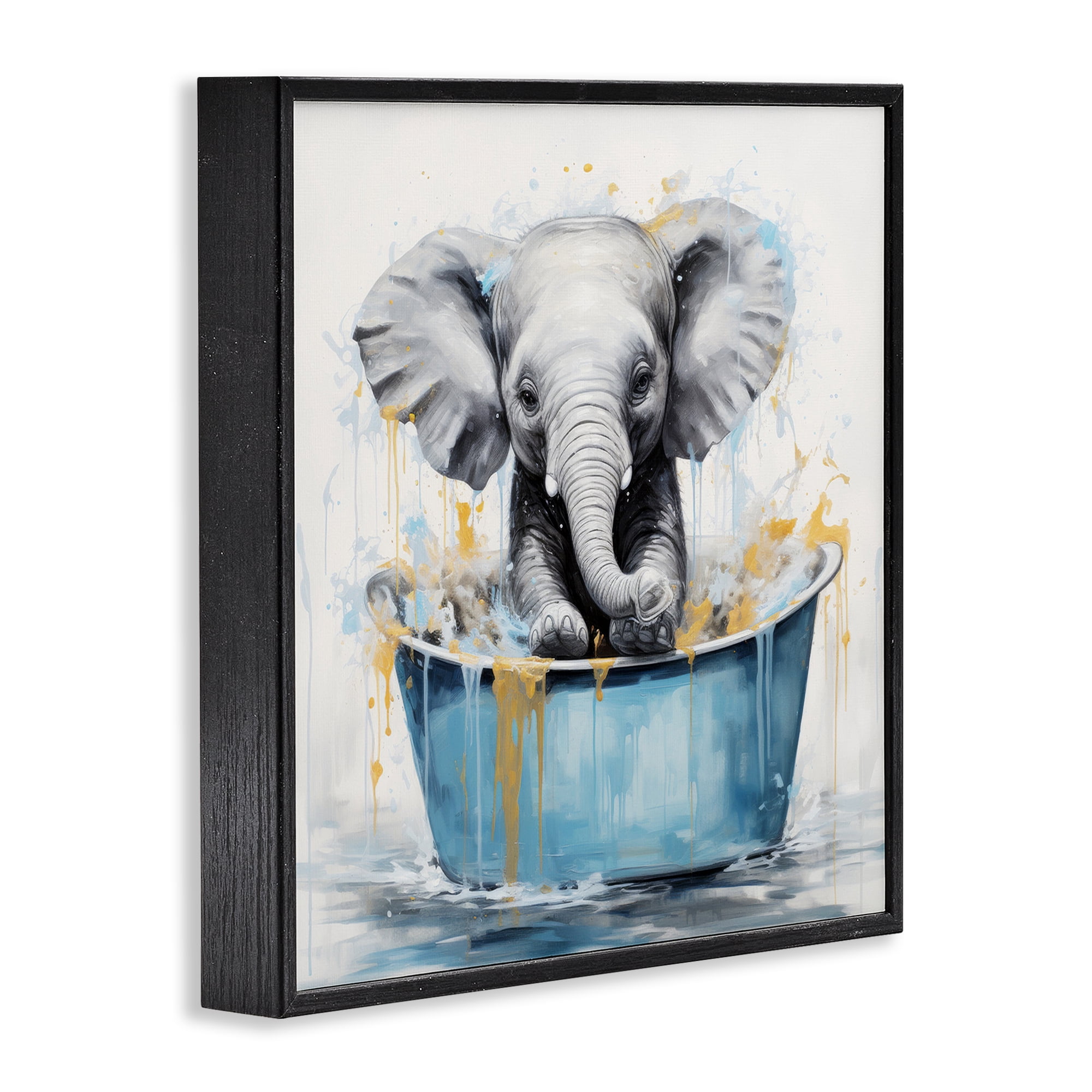 Stupell Industries Bathing Baby Elephant Typography Painting Black Framed Art Print Wall Art, 17 x 17