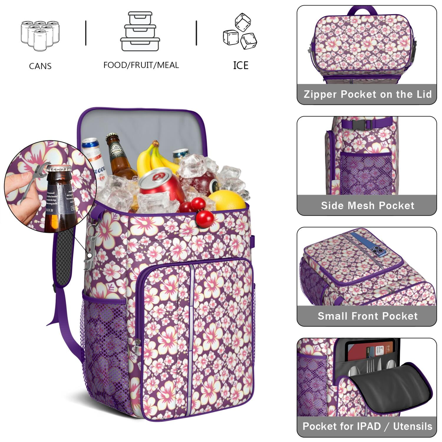 Travel Cooler Bag - Pioneer Flower Floral Print Pattern Camping Beer Cooler Backpack with Bottle Opener- Waterproof Insulated Picnic Backpacks - Cooler Bag for Beach