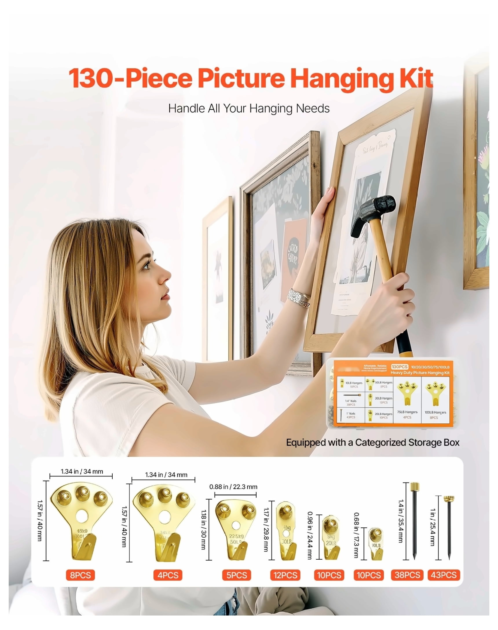 Picture Frame Hanging Kit 130 Pcs - 10lbs to 100lbs Capacity - Metal Photo Hooks with Nails - German Style Wall Hanging Hardware for Pictures, Mirrors, & Decor