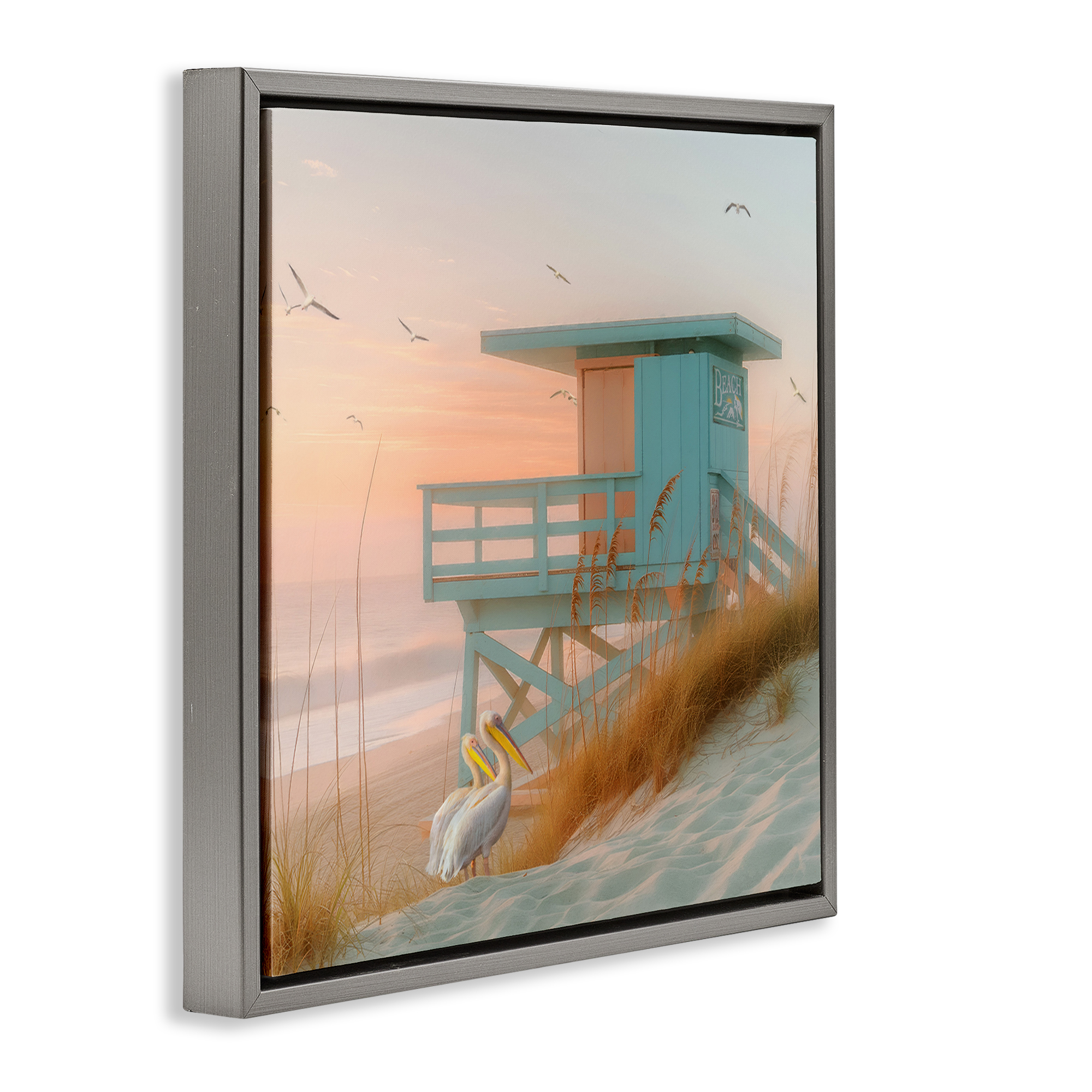 Stupell Industries Coastal Charm Beach Hut Coastal Painting Gray Floater Framed Canvas Art Print Wall Art, 18 x 18