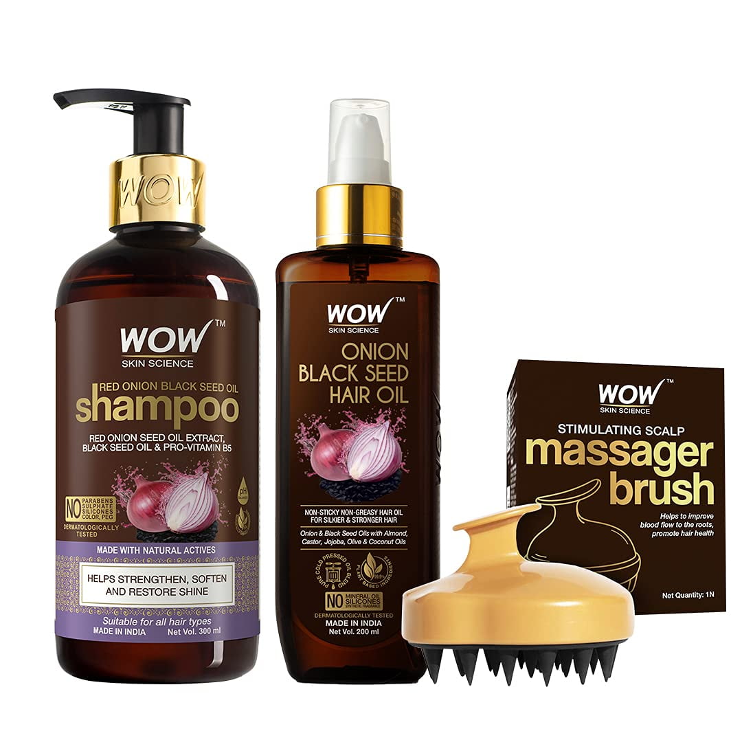 WOW Skin Science Onion Hair Oil With Black Seed Oil Extracts + Onion Oil  Shampoo + Stimulating Scalp Shampoo Brush For Natural Hair Care & Growth Hair  Care Kit - Net Vol
