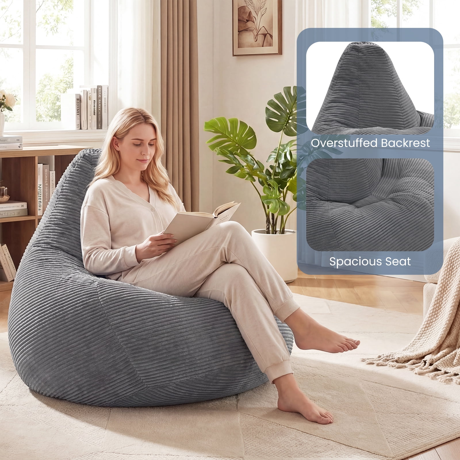 Costway Bean Bag Chair for Adults with Skin-friendly Corduroy Cover & Soft Sponge Filling Dark Gray