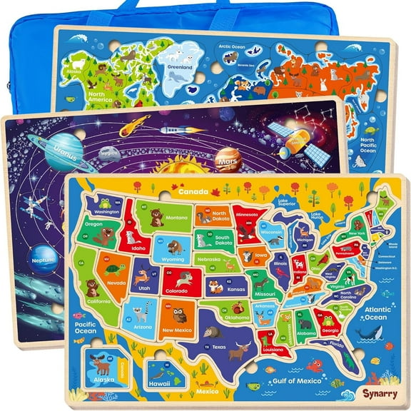 SYNARRY Wooden Puzzles for Kids Ages 3-8, USA, World Map & Solar System Jigsaw Puzzle Set, Wood Jigsaw Puzzles Educational Games Toys Gifts for Boys Girls