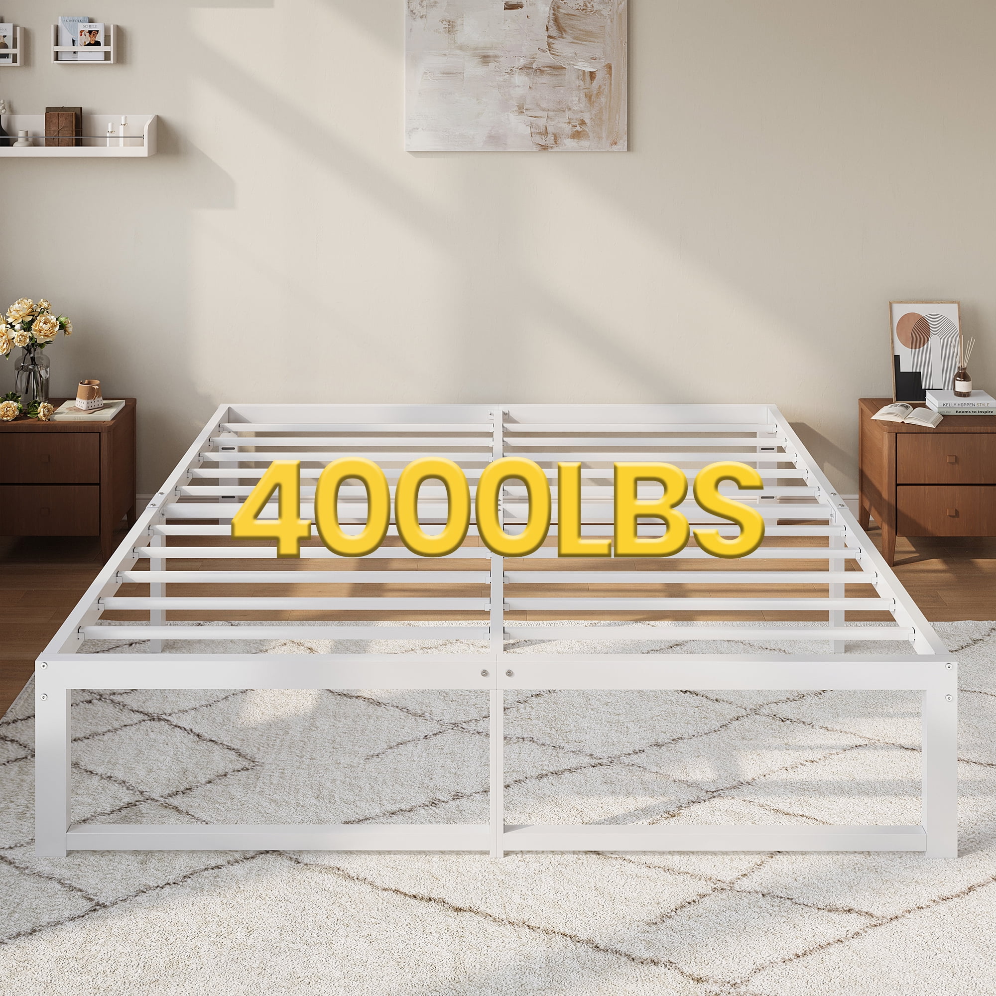 Einfach 14" King Bed Frame, Heavy Duty Metal Slat Platform with Ample Underbed Storage, Noise Free, White