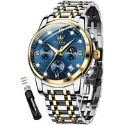 OLEVS Watches for Men, Mens Watches Gifts for Men Chronograph Analog Quartz Luxury Casual Classic Diamond Waterproof Luminous Stainless Steel Reloj para Hombre Blue Dial