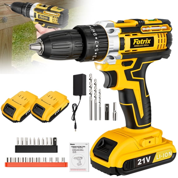 21V Cordless Drill, 2 Speed, Keyless 3/8" Chase Drill with LED Light, Equipped, one battery&paper box pack