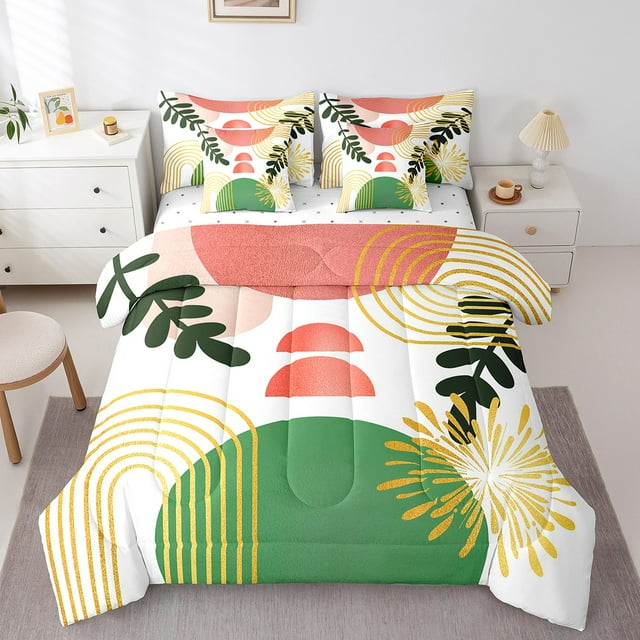 Boho Mid Century Bed in a Bag Queen Comforter Set 7 Piece Abstract Geometric Modern Minimalist Bedding Sets,Geometry Line Art Sheet Set Circle Graphic Ombre Stripes Room Decor,Red Green
