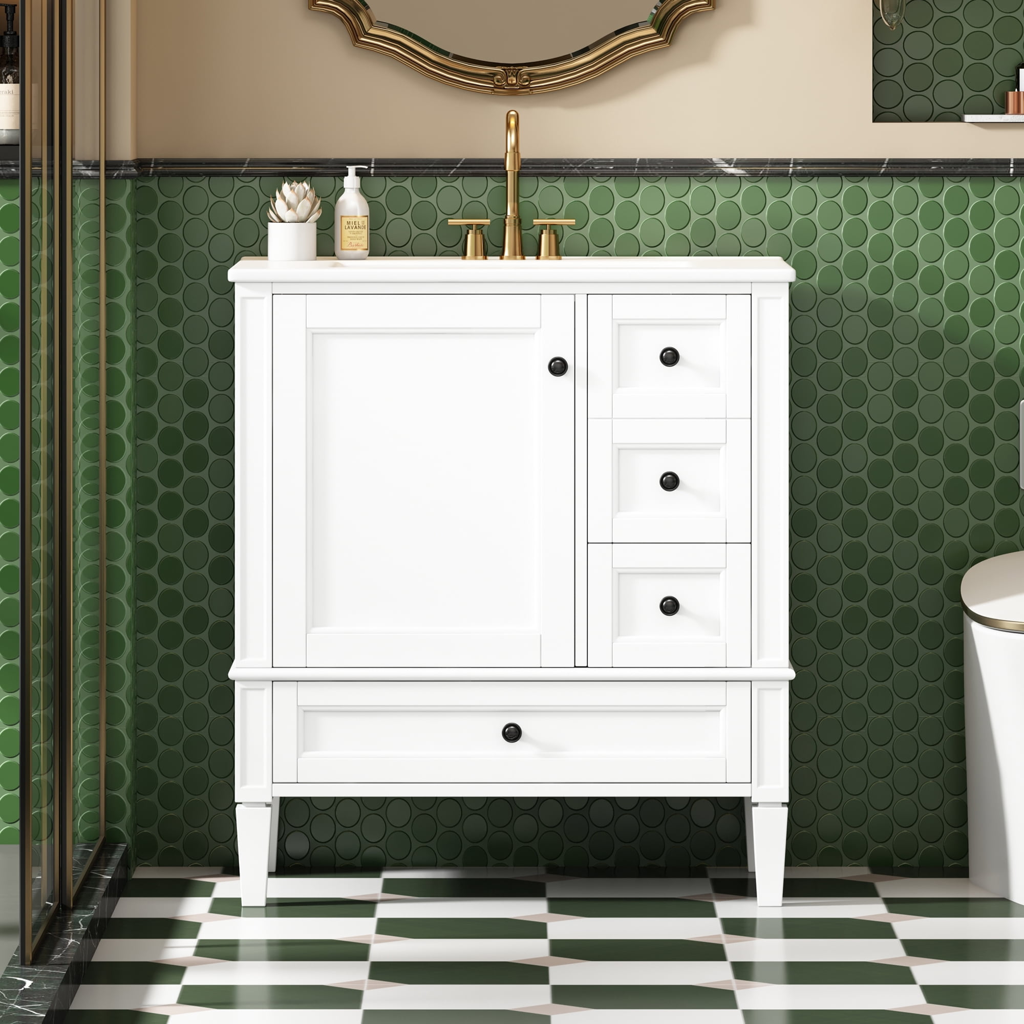 Euroco 30 Inch Bathroom Vanity with Ceramic Sink, White Bathroom with 3 Drawers, Solid Wood Frame Modern Bathroom Storage Cabinet , Ideal for Home