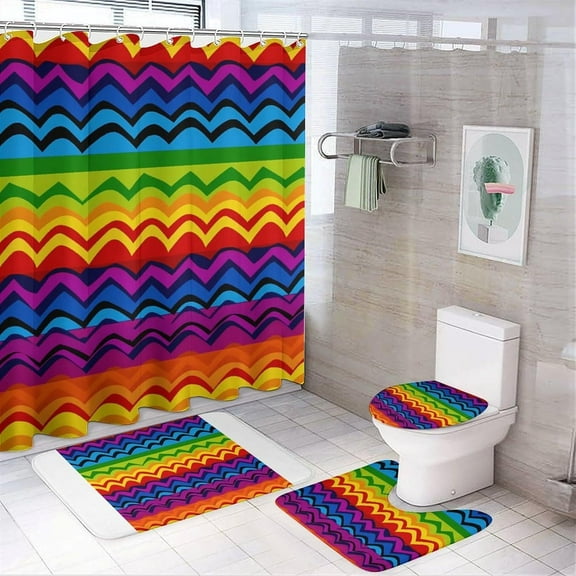 Bath Rug Set 4 Piece Gay Pride Rainbow Pattern Print 4 Piece Bathroom Rug Set,Four Piece Bathroom Sets Including Shower Curtain Sets and Hooks