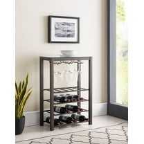 Trier 4 Tier Wine Rack Stand with Storage Shelves & Wine Glass Holders, Pewter Metal & Tempered Glass Top, Transitional
