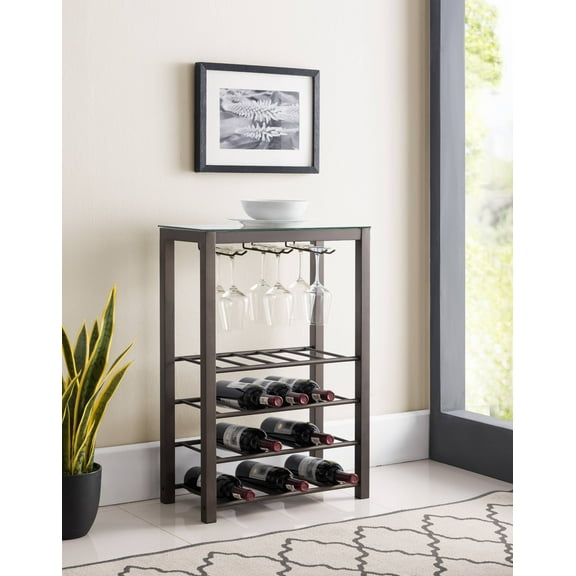 Trier 4 Tier Wine Rack Stand with Storage Shelves & Wine Glass Holders, Pewter Metal & Tempered Glass Top, Transitional