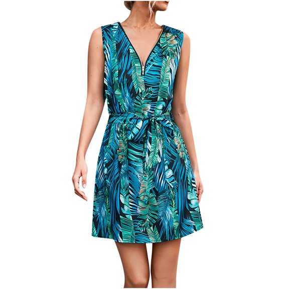 USSUMA Sundresses for Women Casual Summer Sexy Belted Zip Up Short Hawaiian Tropical Print Mini Womens Shirt Dresses Beach V Neck Sleeveless Plus Size Wedding Guest Sun Dress