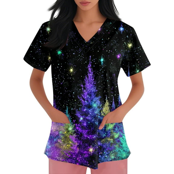Inglocry Christmas Scrubs Tops for Women Plus Size Stretchy Short Sleeve V Neck Xmas Tree Snowflake Print Nurse Scrub Medical Uniform Light Blue 4XL