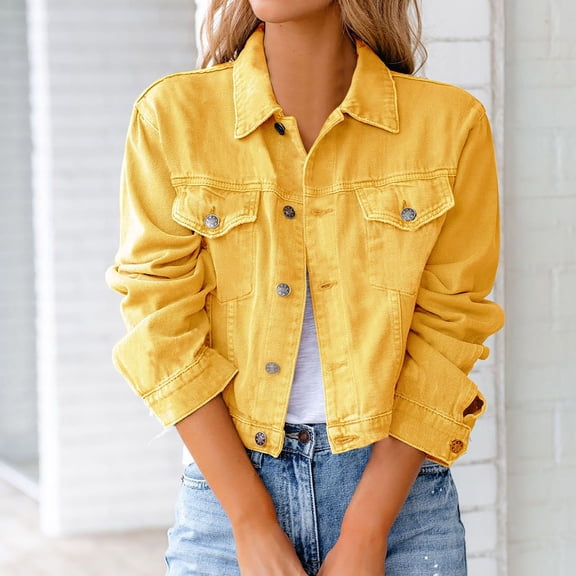 Zysthvn Long Sleeve Denim Jackets for Women Plus Size Casual Single Breasted Womens Coat Jacket Button with Pockets Solid Relaxed Fit Tops