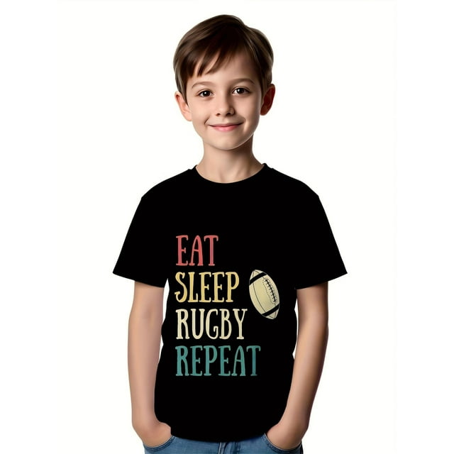 Rugby T-shirt - Youth Rugby-Themed Print T-Shirt - Breathable Cotton, Casual Crew Neck, Stretch Fabric, Colorful "Eat Rugby Repeat" Design, Perfect for Summer Sports & Weekend Wear