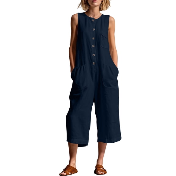 Casual Capri Jumpsuits for Women Sleeveless Button down Tank Rompers Crew Neck Wide Leg Jumper with Pockets Navy, XL