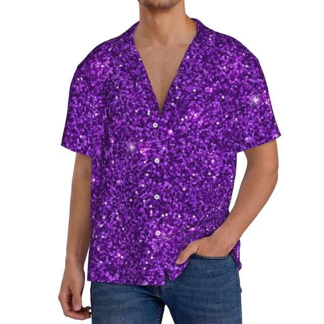 Fotbe Purple Glitter Camisa Estampada de Manga Corta para Hombre, Casual de Verano, Estilo Playero, Sin Arrugas-Medium