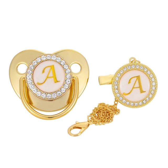 DPTALR Baby Pacifier 26 Letter Name Initials Clip Silicone Baby Pacifier Golden Shiny Newborn Pacifier