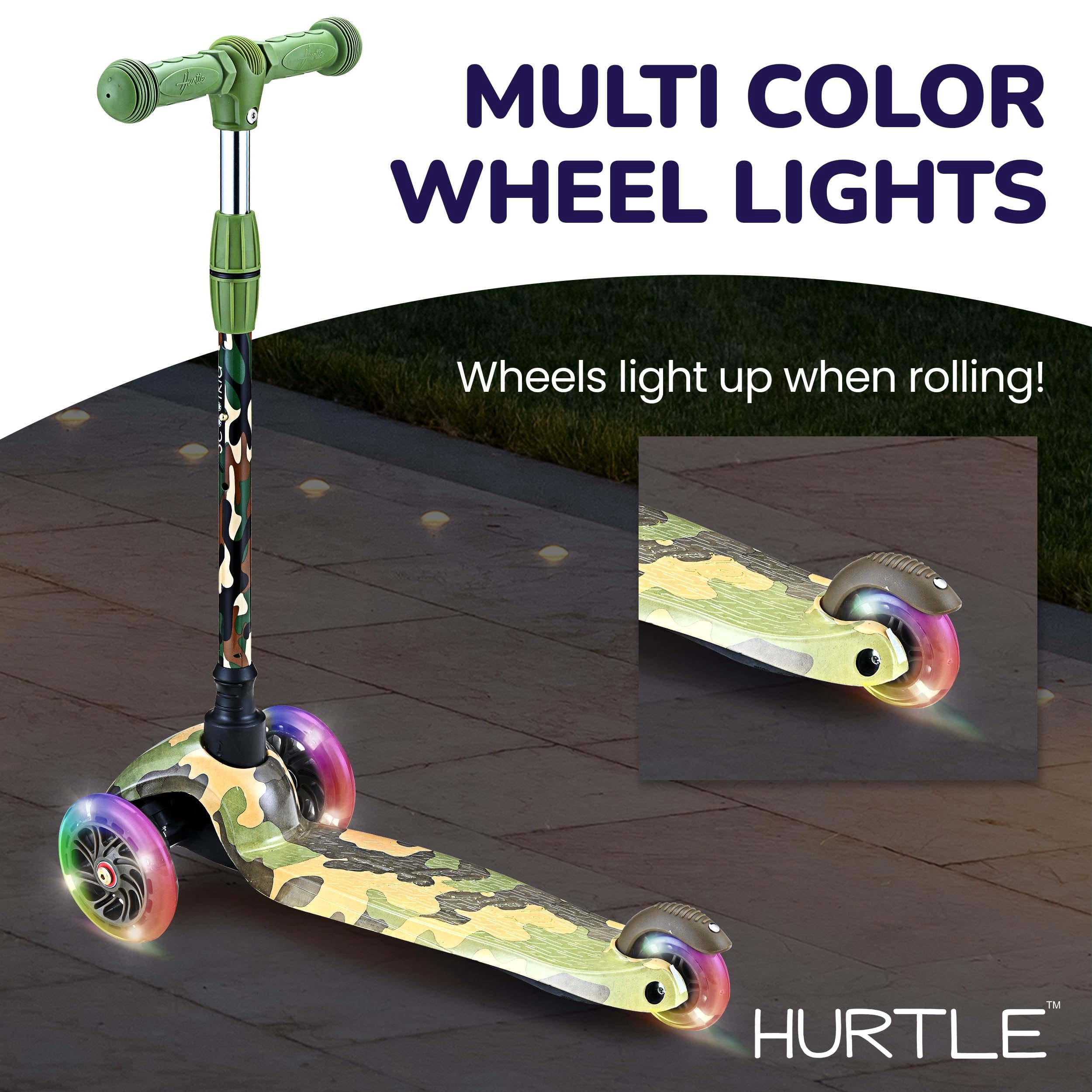 Hurtle Mini Kickboard Scooter for Kids - Height Adjustable 25''-28'', Lightweight 3-Wheels with LED Light-up, Anti-Slip,Indoor/Outdoor Fun, Micro-Scooter for Ages 2-5