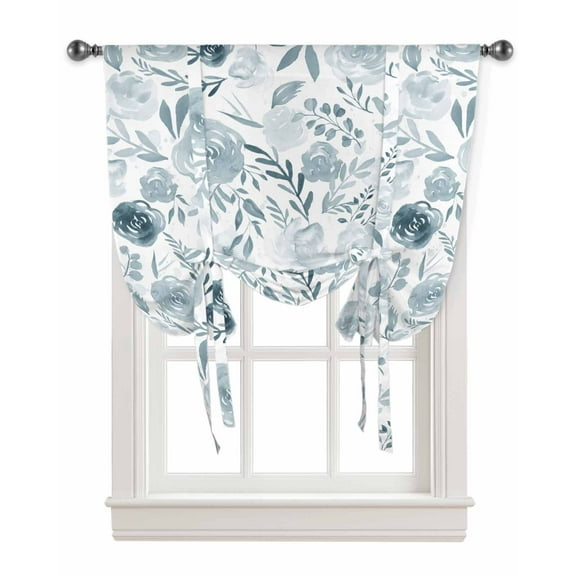 Turquoise Spring Floral Tie Up Curtains for Kitchen Bathroom Bedroom Windows 45 Inch Length, Watercolor Summer Botanical Balloon Drape Curtains Shade Rod Pocket Drapery Curtain Panel, 34"x45"