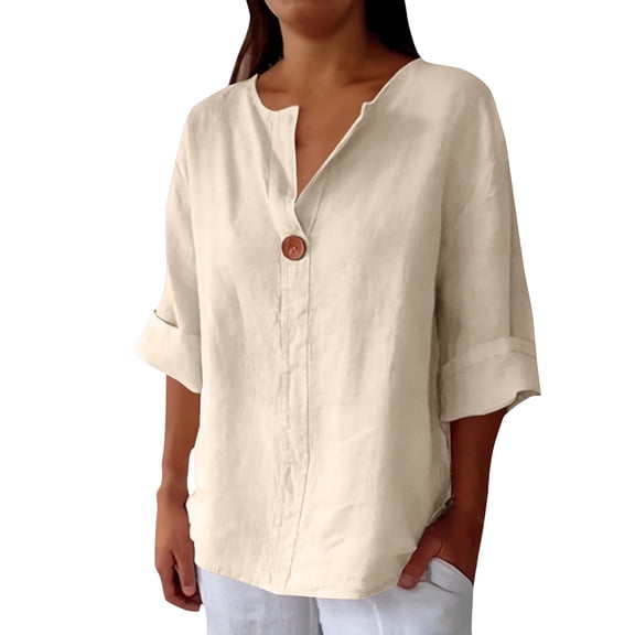 Linen Shirts for Women Linen V Neck Half Sleeve Button Up Loose Summer Tops