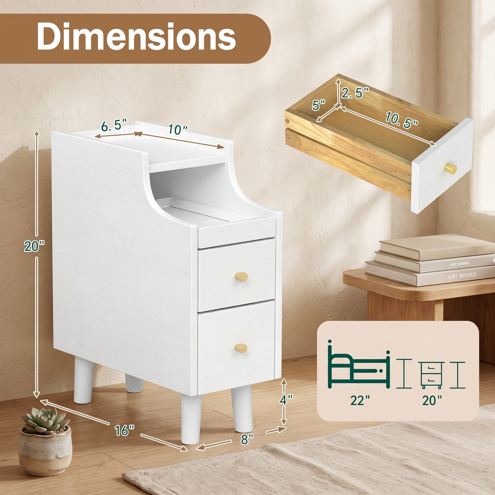 Furnibear Set of 2 Solid Rubber Wood Nightstands with Pull-out Tray and 2 Storage Drawers for Bedroom Living Room and Small Spaces, White