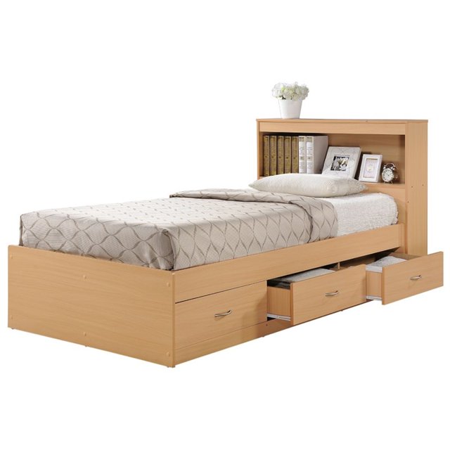 Hodedah Lit Capitaine Format Simple avec 3 Tiroirs et Tête de Lit en Bois Beige