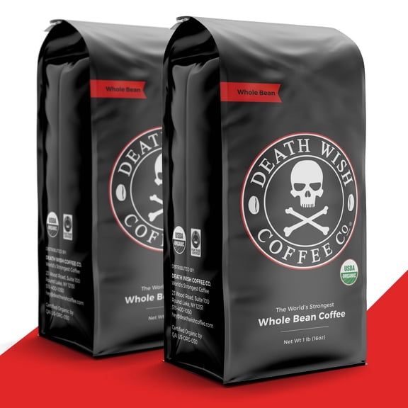 Death Wish Coffee Organic The World's Strongest Coffee, Arabica and Robusta Beans, Medium Roast Whole Bean Coffee, 16 Oz, 2 Pack