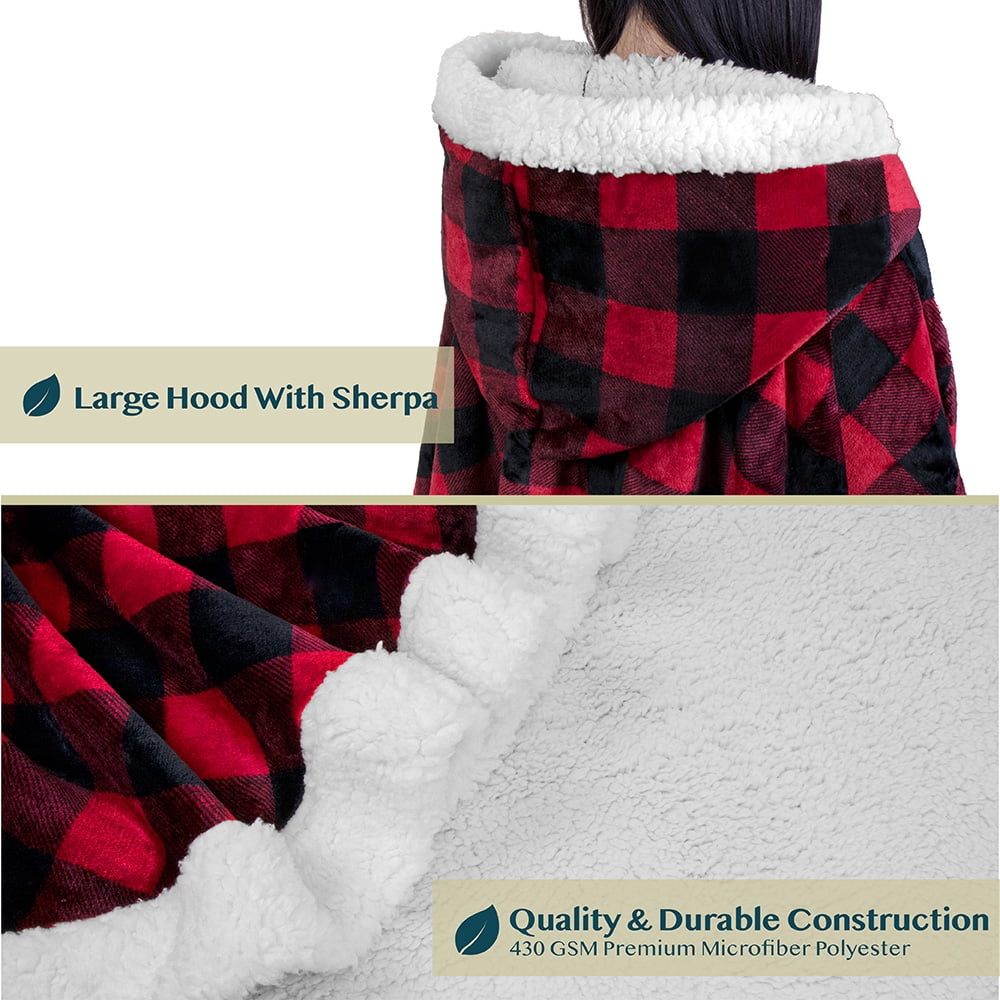 PAVILIA Sherpa Fleece Wearable Blanket for Adult Women, Cozy Plush Blanket Poncho Cape with Hood, Super Soft Shawl, Angel Wrap Throw for Office, Black and Red Buffalo Plaid Checkered