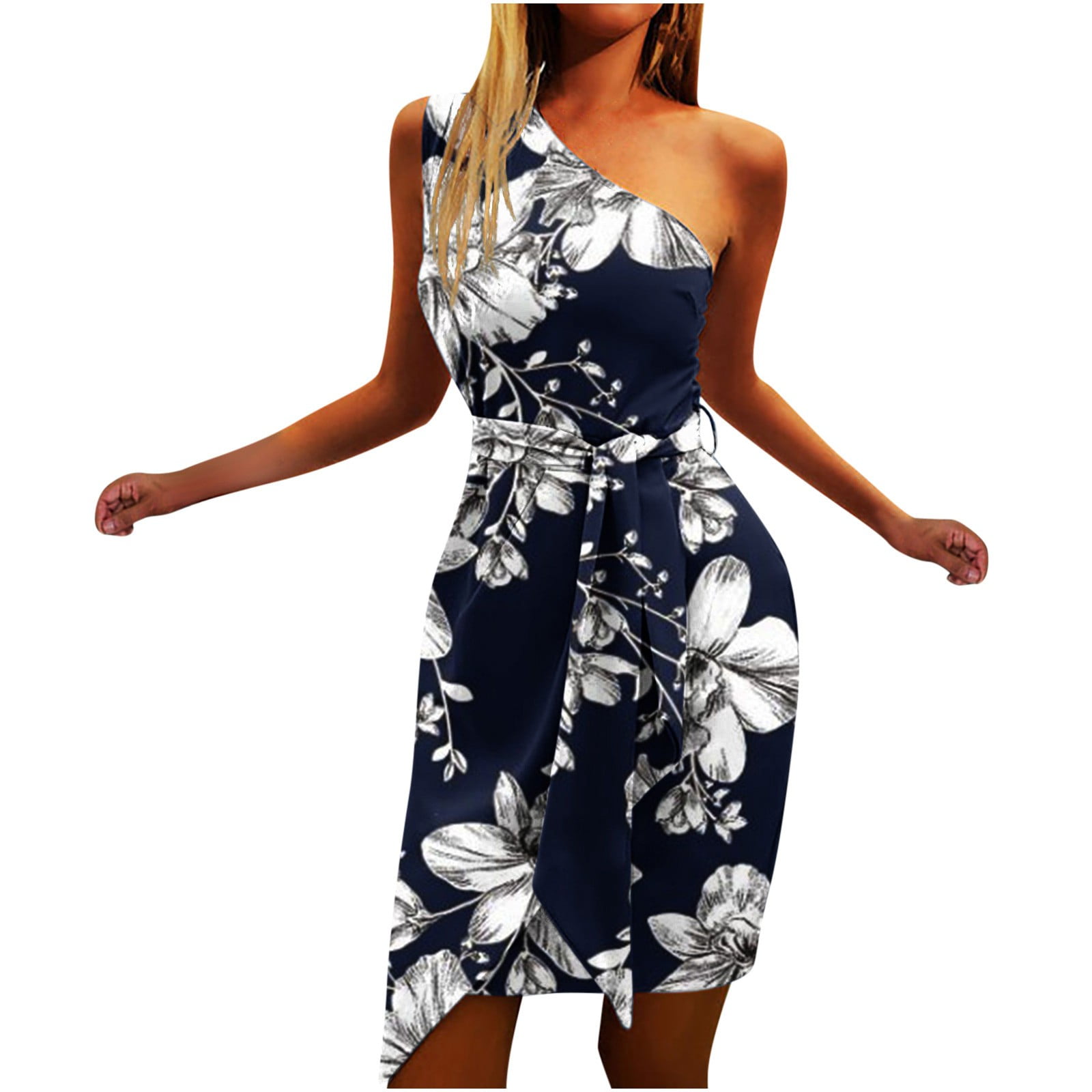 LWZWM Women Floral Print One Shoulder Slim Fit Sleeveless Reunion Dress