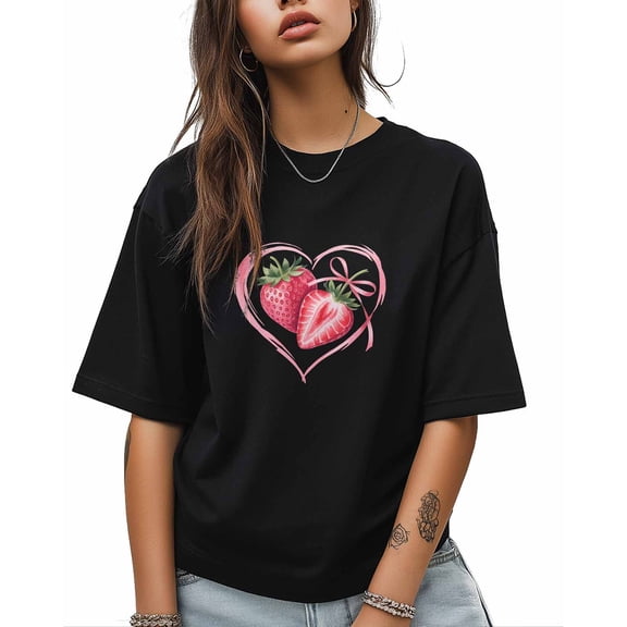 Women's Graphic T-Shirt Black S Women's Tops Valentine's Day Strawberry Love Crew Neck Short Sleeve Shirts for Women