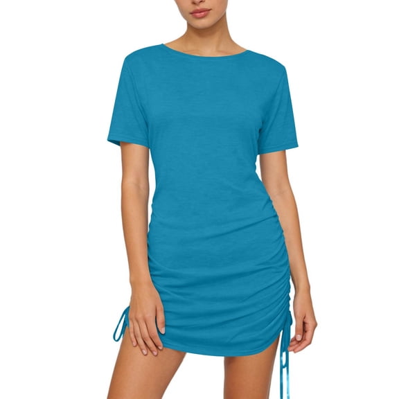 PNTUTB Women's Dress: Summer Fashion Versatile Solid-Color Round-Neck Short-Sleeve Casual Fitted Dress with Adjustable Drawstring
