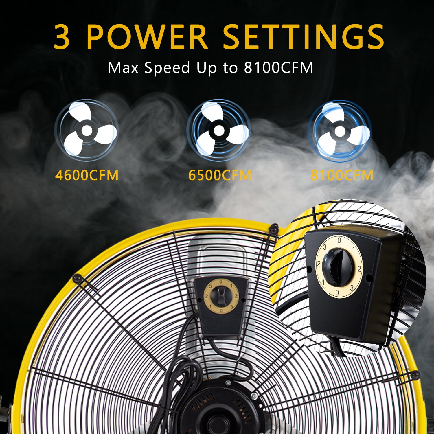 24"Industrial Fan High Velocity,Heavy Duty Drum Fan up to 8100CFM,3-Speed & 360°Adjustable,Ideal for Home, Garage, Indoor/Outdoor Use, Yellow