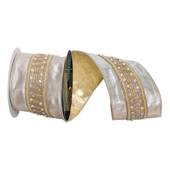 Pemberly Row Champagne with Silver Jewels Wired Edge Christmas Ribbon