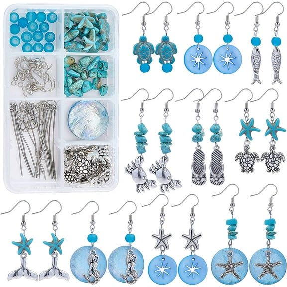 1 Box DIY 10 Pairs Starfish Mermaid Turquoise Earring Making Starter Kit Ocean Beach Summer Theme Earrings Synthetic Turquoise Beads Turtle Fish Crab Slipper Charm for DIY Jewelry Making DIY
