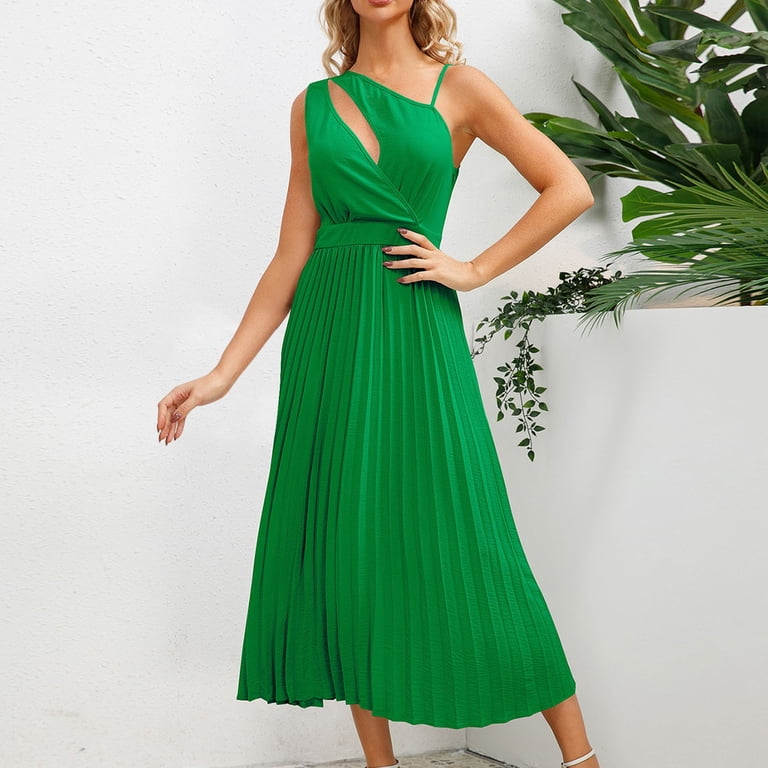 Atoysoy Women's Tea Length A Line Dress Solid Color Pleated Retro One Shoulder Boho Beach Elegant Casual Pleated Cutout Trendy Workout Sleeveless