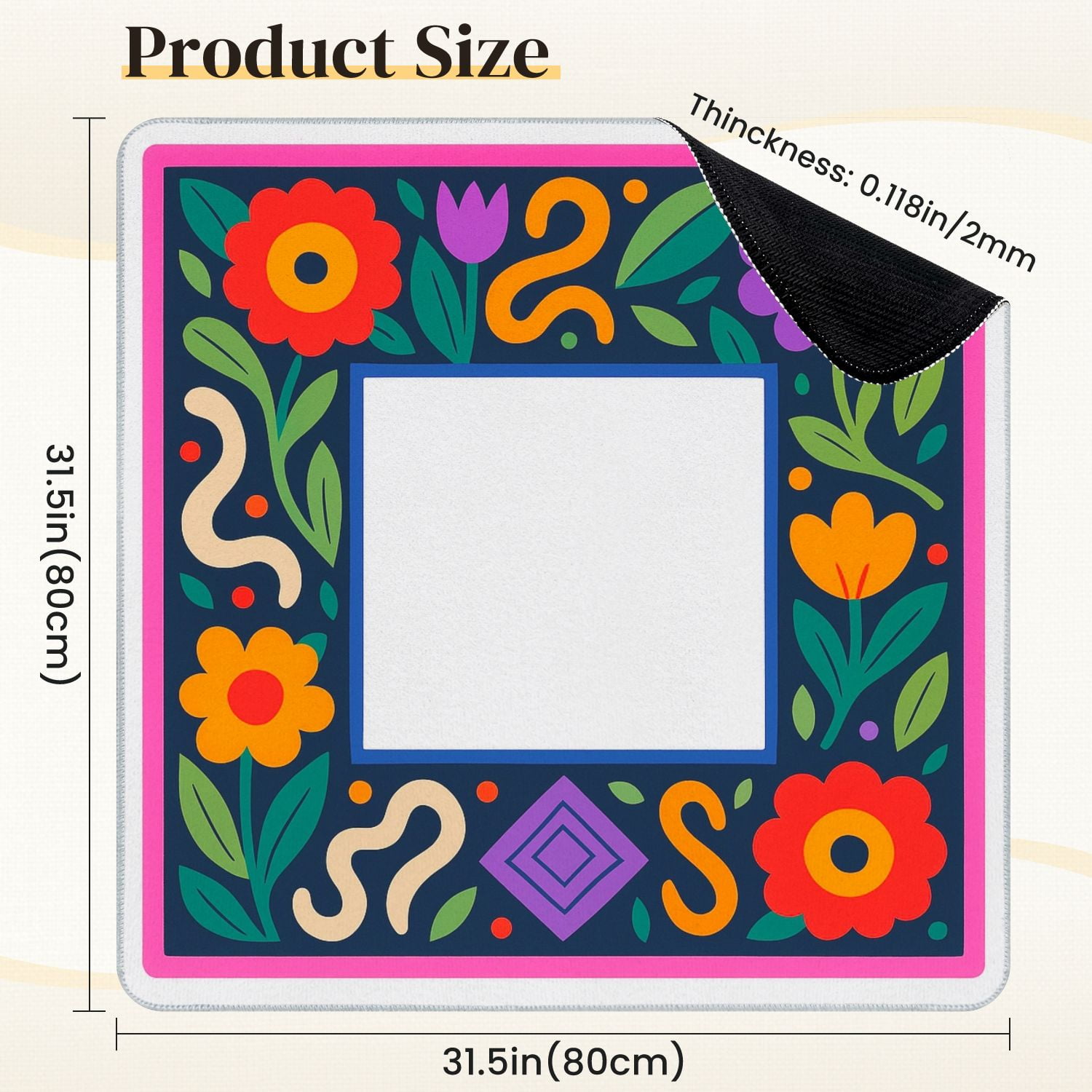 Mahjong Mat 31.5" x 31.5" Colorful Floral Frame Bold Patterns Bright Flowers Anti-Slip and Noise Reduction Symmetry Design Mahjong Tiles Table Cover for Dominoes Poker Card Board and Tile Games