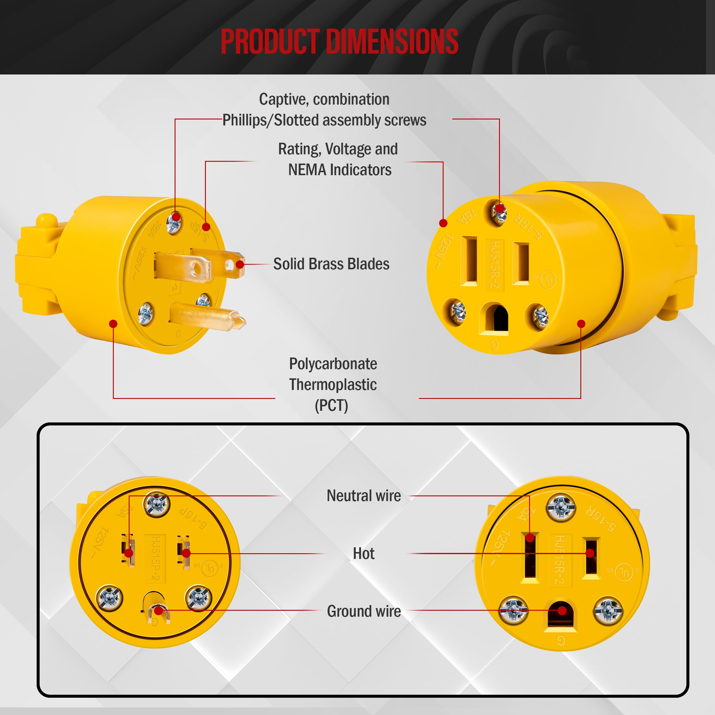 ENERLITES Electrical Replacement Plug & Connector Set, Extension Cord Ends Male and Female, 15 Amp 125 Volt, Straight Blade Plug Grounding Type, NEMA 5-15P & 5-15R, UL Listed, 66202-Y, Yellow, 5 Pack