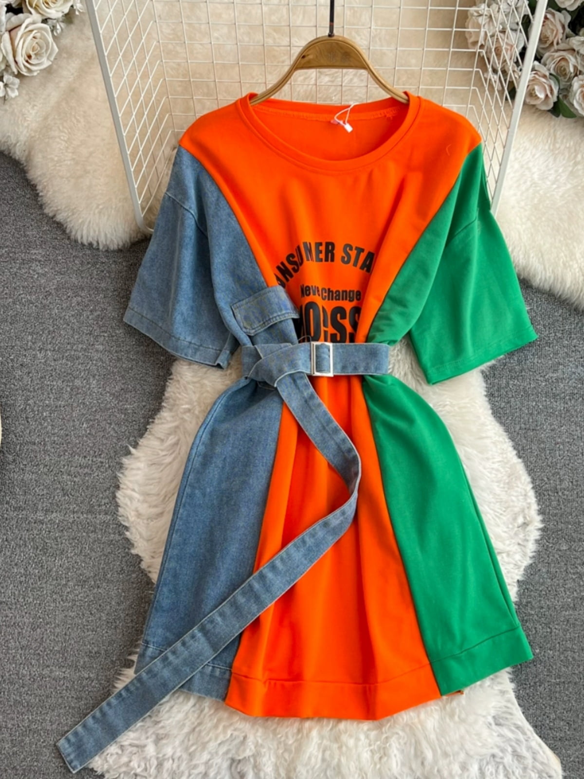 Denim Print Patchwork T-shirt Dress For Women's Summer 2024 New O-neck  Fashion Lace Up A-line Short Sleeved High Street Dress FJH - Walmart.ca