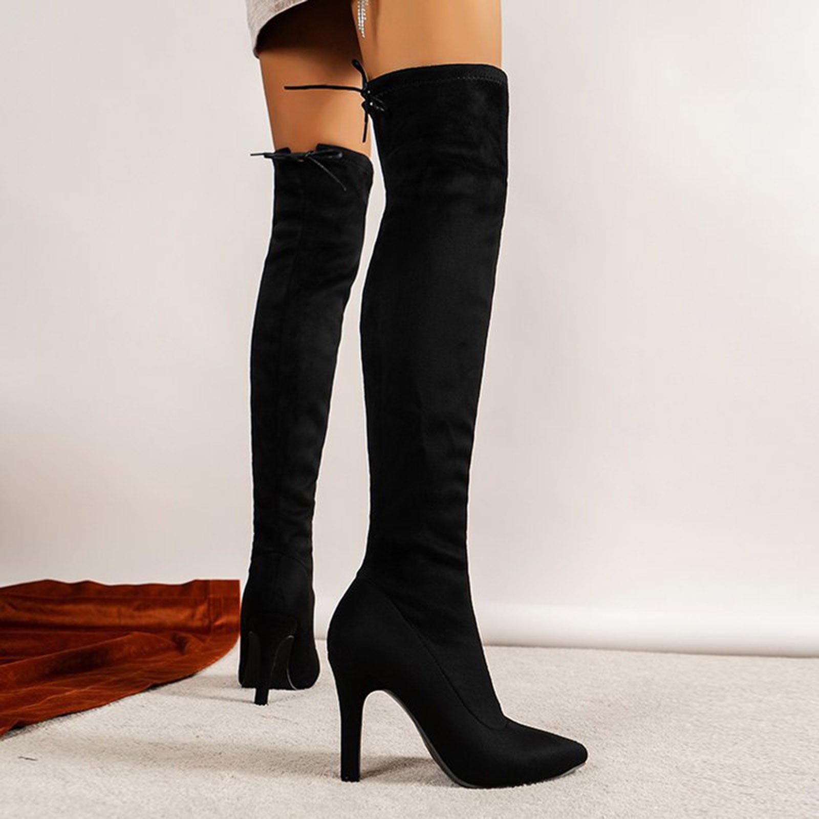 【PORTERNA】Low knee shirring ankle boots Akiihool Boots for Women With Heel Womens Suede Knee High