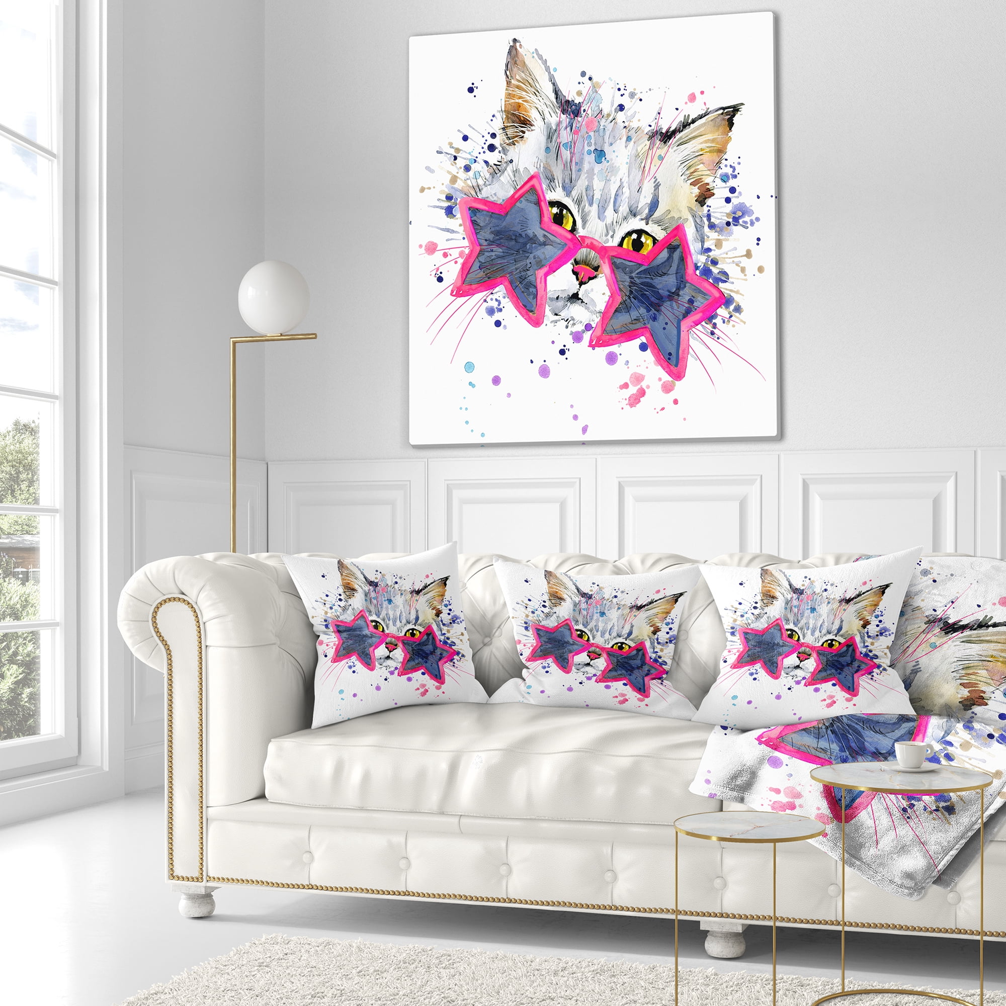 Designart Cute Kitten with Blue Stars - Animal Throw Pillow - 18x18